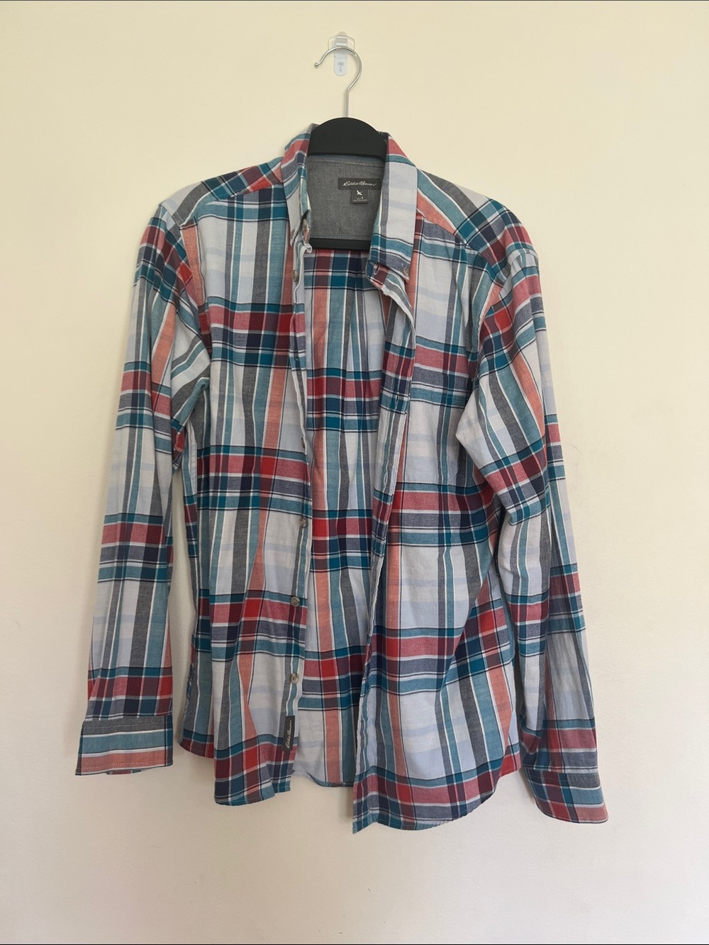 Eddie Bauer Men's Plaid Button-Down Shirt - Red, Teal & Gray